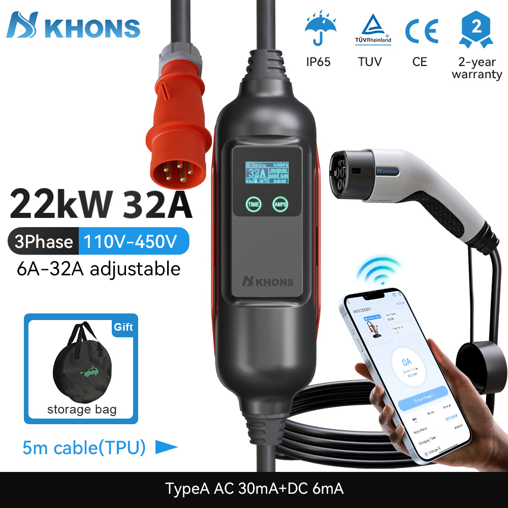 Khons شاحن EV محمول Type2 32A  - مراجعة Ev Charger Type 2 22Kw 32A 3 Phase وسعره