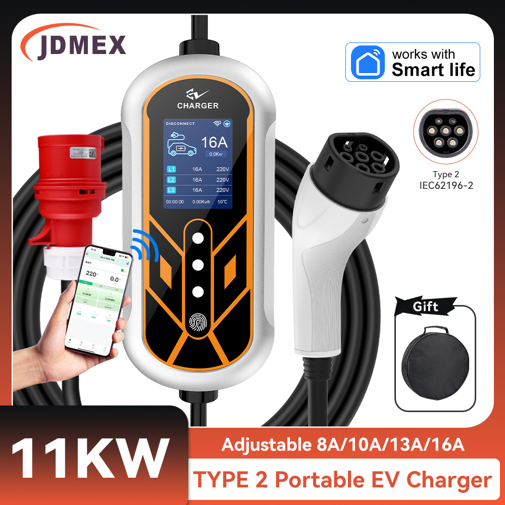 JDMEX 11KW Type2 شاحن EV محمول - مراجعة Type 2 Portable Ev Charger 11Kw Cee وسعره